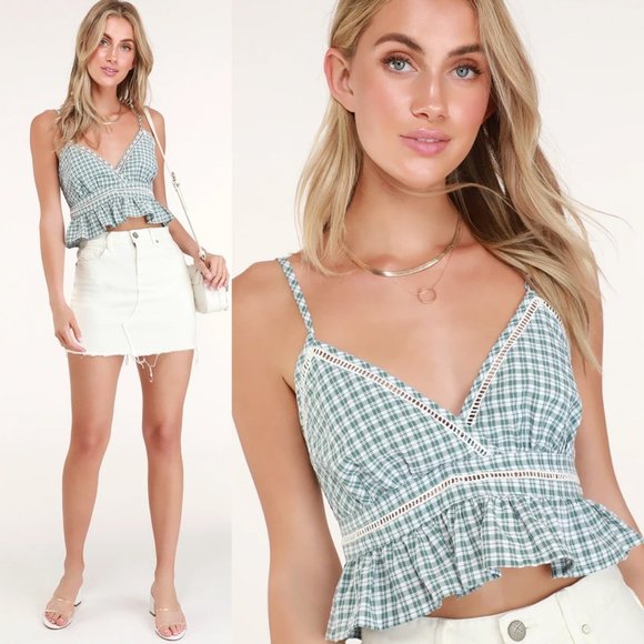 NEW Lulus Sage Green Gingham Plaid Ruffle Crop Top - Picture 7 of 9